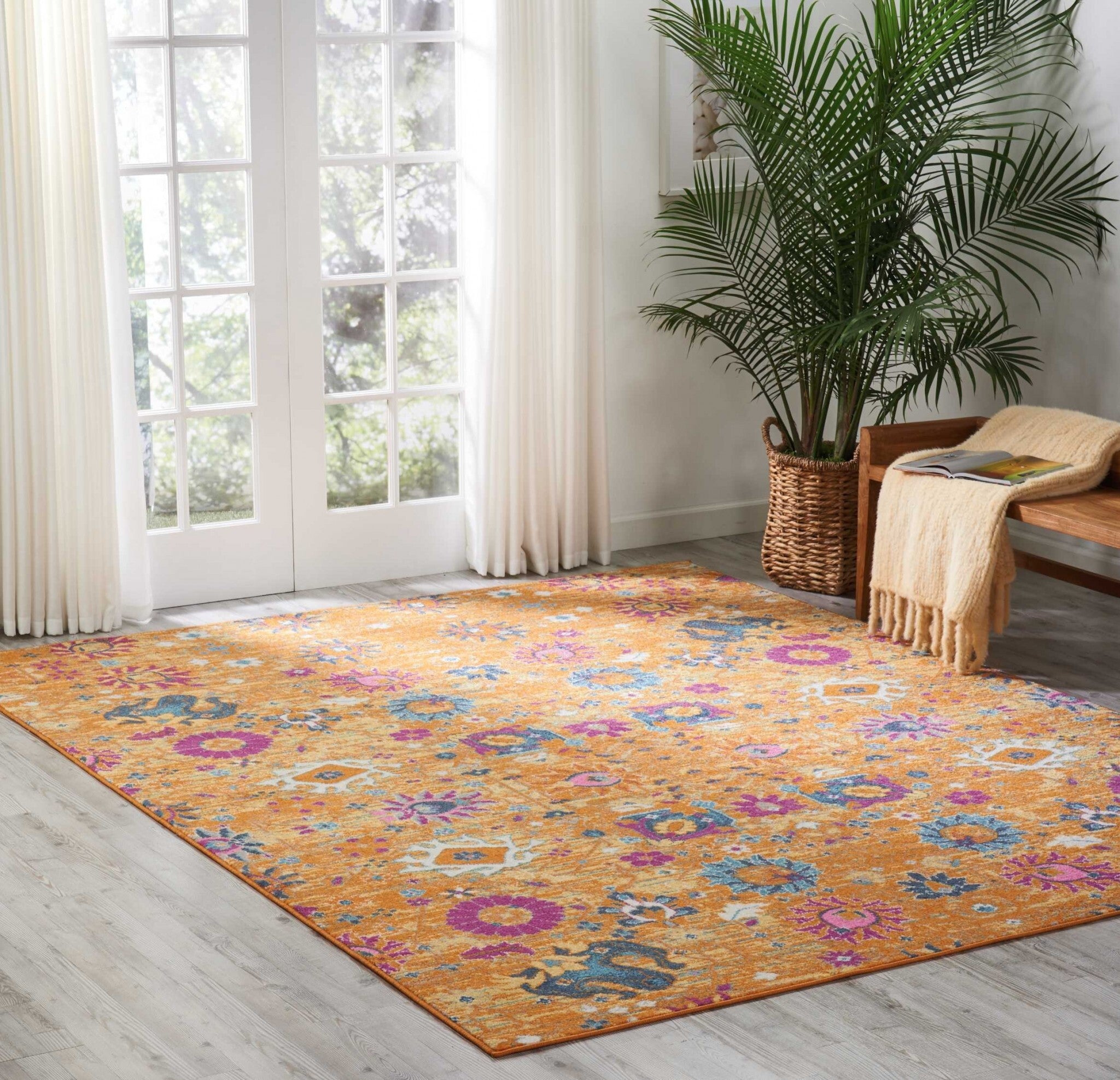 8' X 10' Sun Gold And Navy Distressed Area Rug