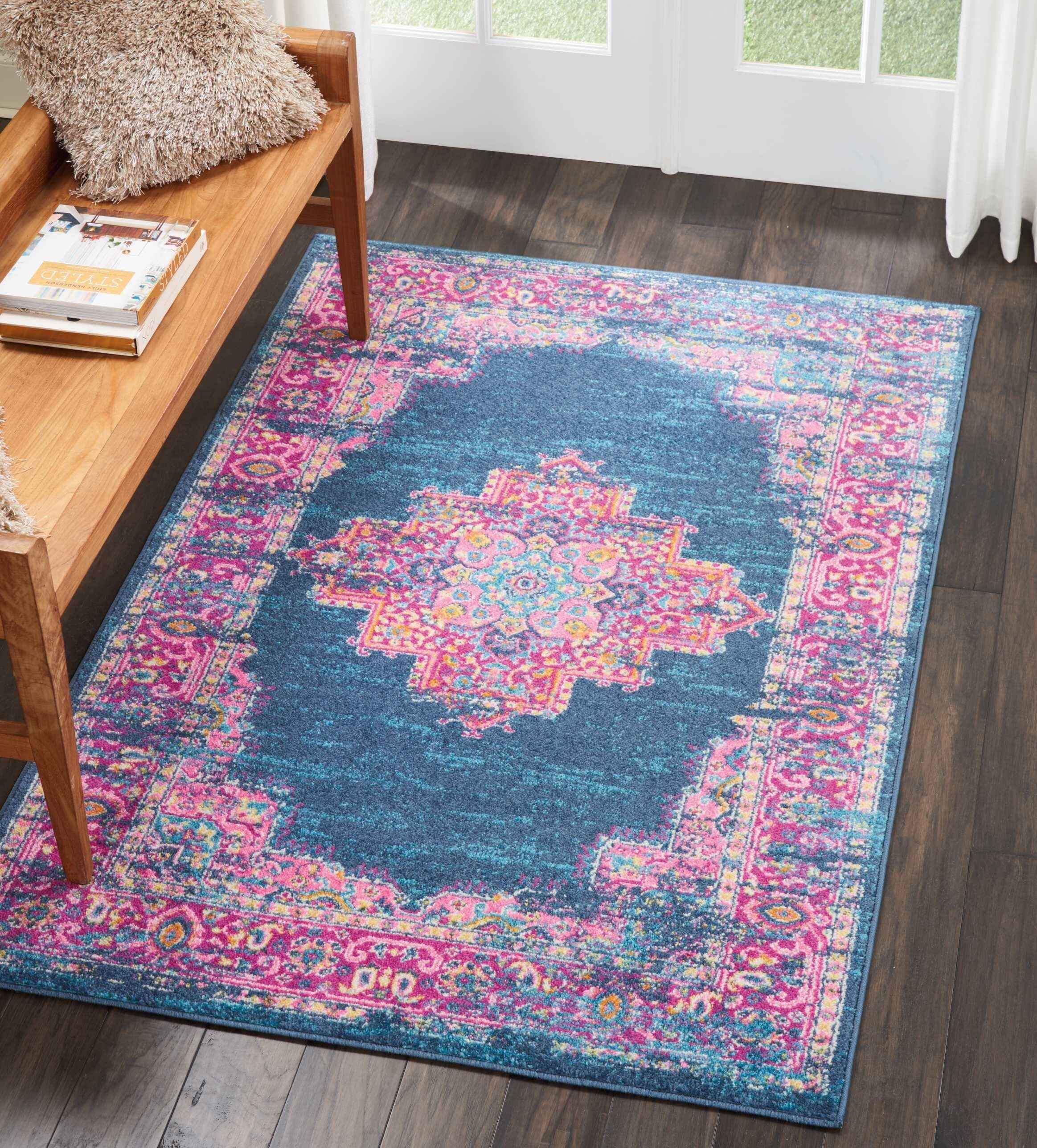 4' X 6' Blue And Pink Medallion Area Rug