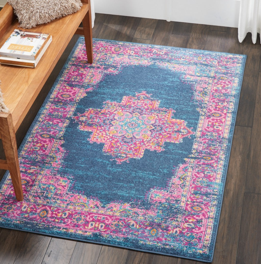 4' X 6' Blue And Pink Medallion Area Rug