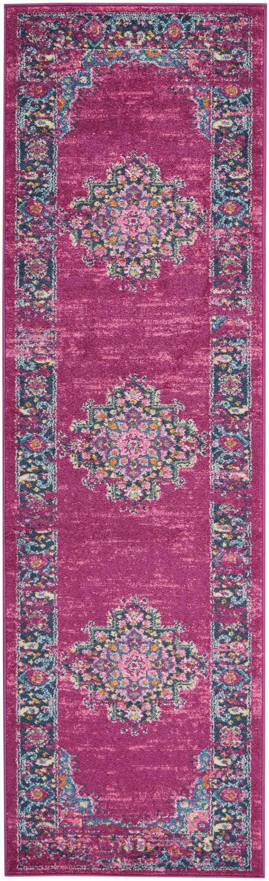 2' X 8' Fuchsia And Blue Distressed Runner Rug