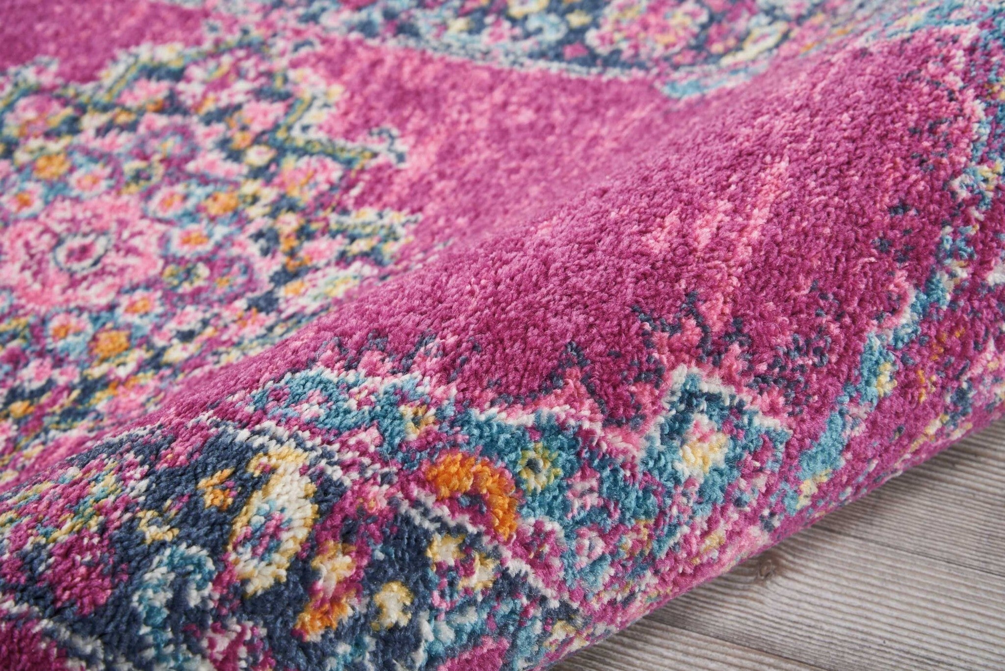 2' X 8' Fuchsia And Blue Distressed Runner Rug