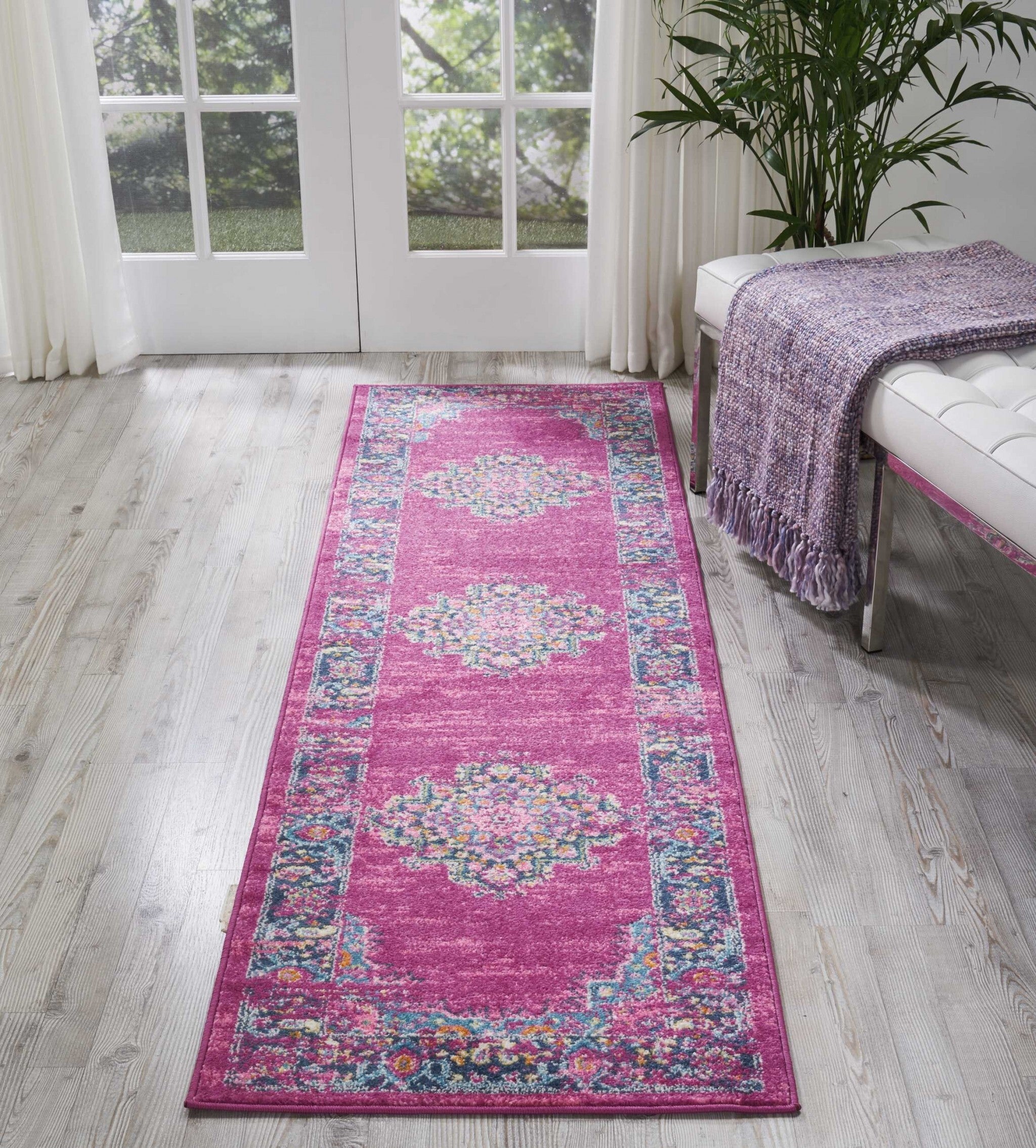 2' X 8' Fuchsia And Blue Distressed Runner Rug