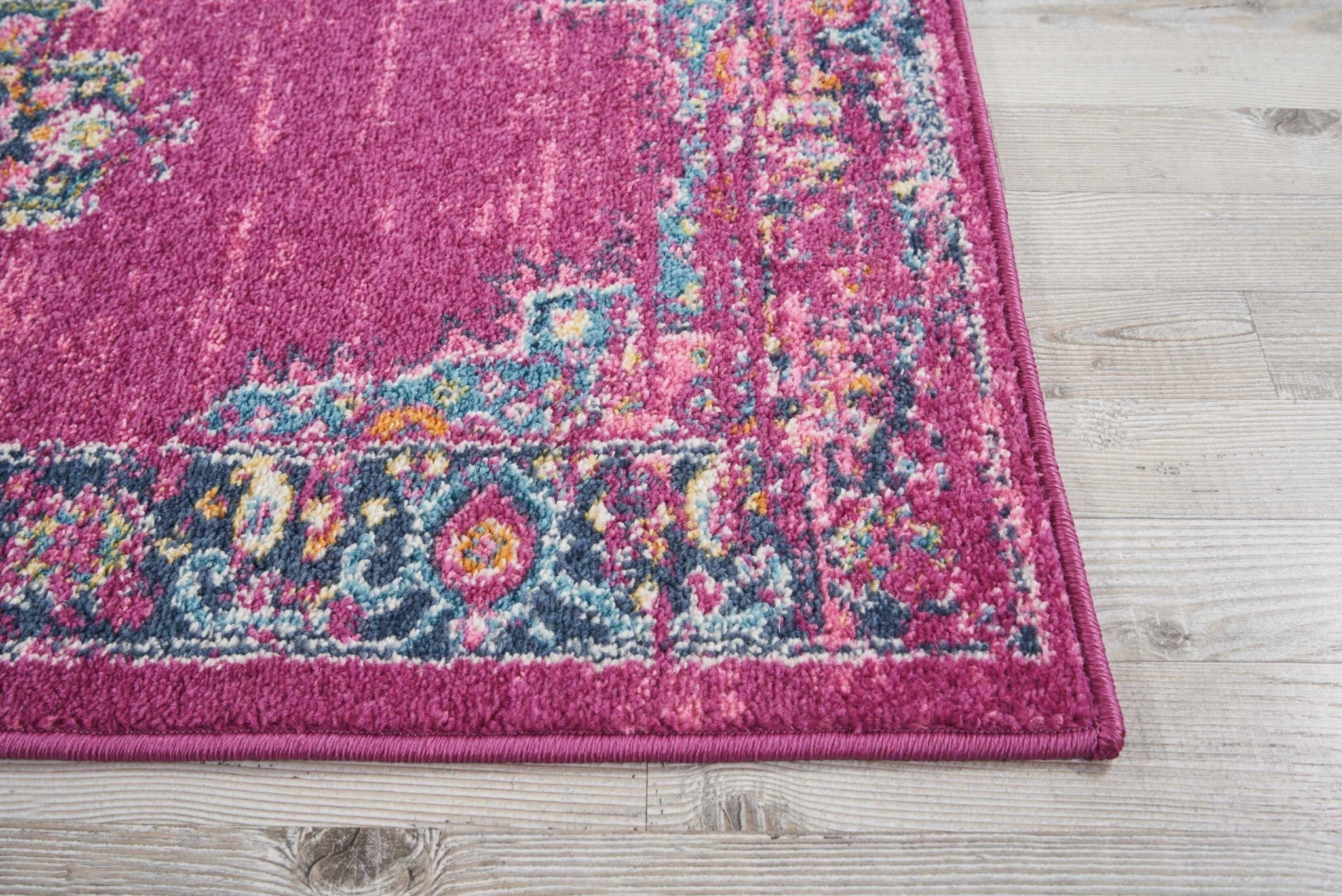 2' X 8' Fuchsia And Blue Distressed Runner Rug