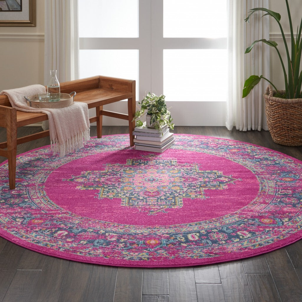 8' Round Fuchsia And Blue Distressed Area Rug