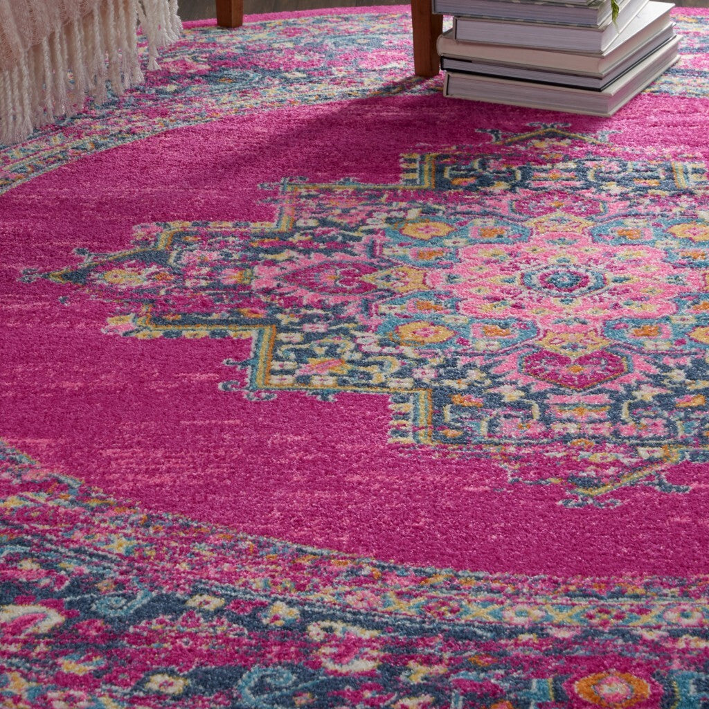 8' Round Fuchsia And Blue Distressed Area Rug