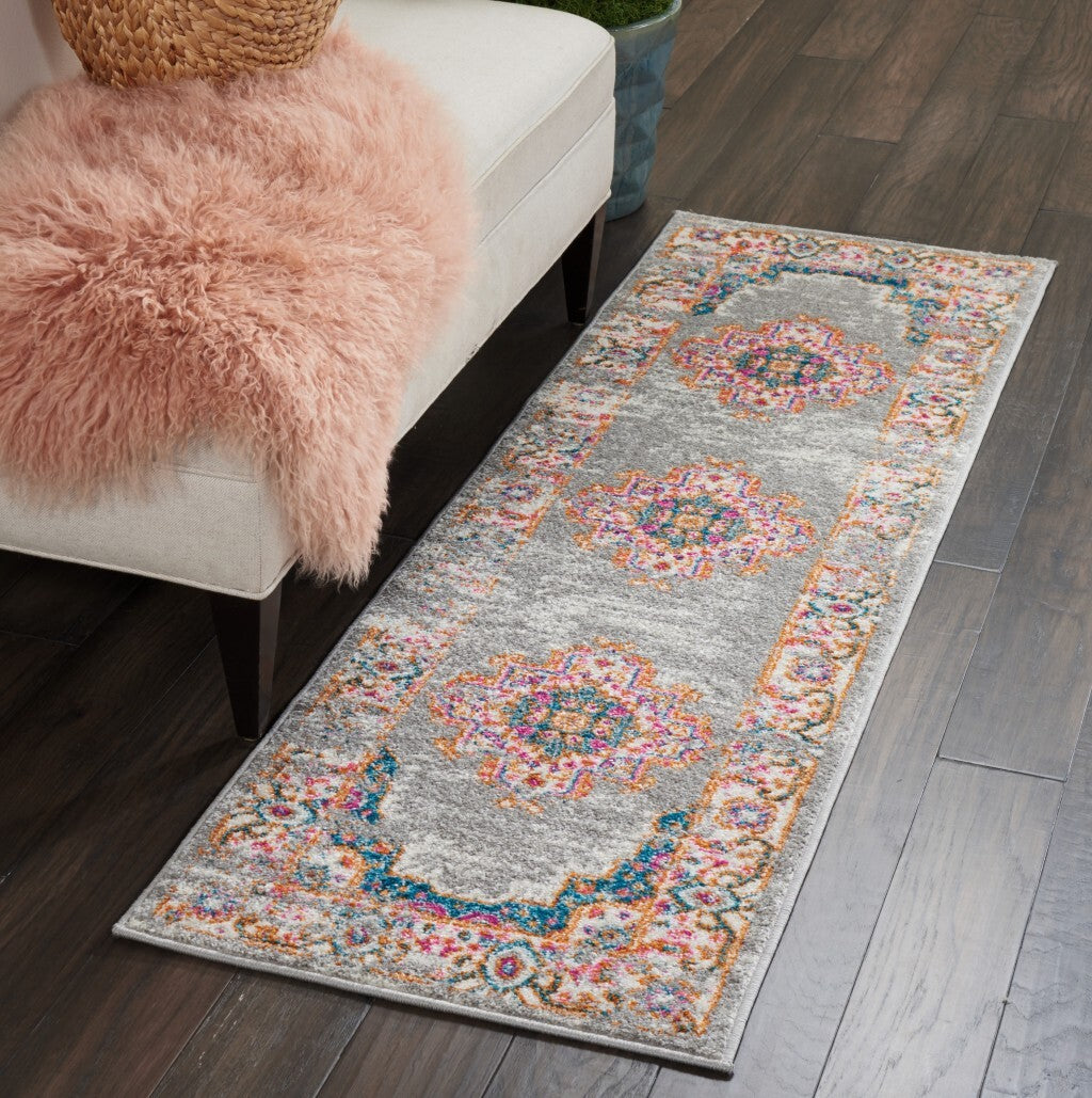 2' X 6' Gray And Gold Medallion Runner Rug