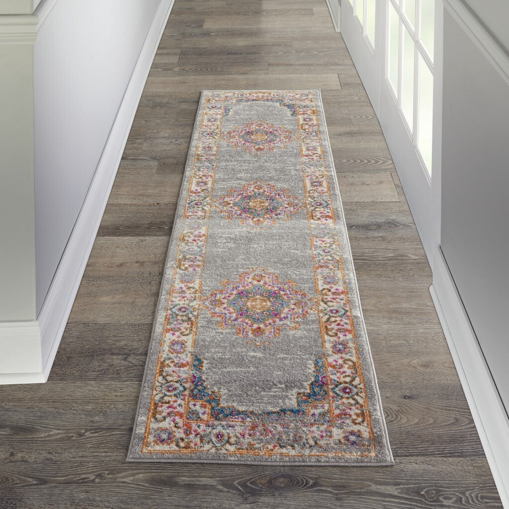 2' X 8' Gray And Gold Medallion Runner Rug