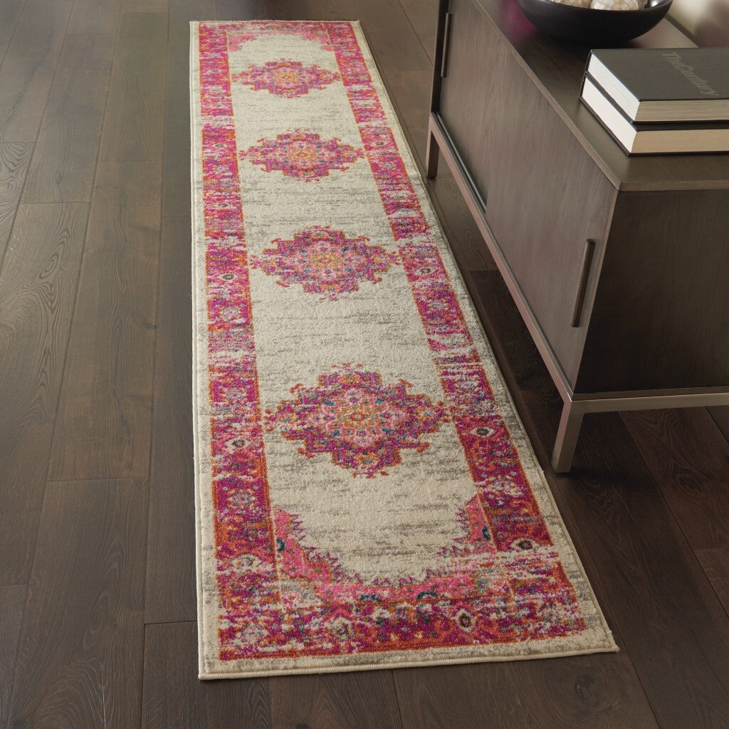 2' X 8' Ivory And Fuchsia Distressed Runner Rug