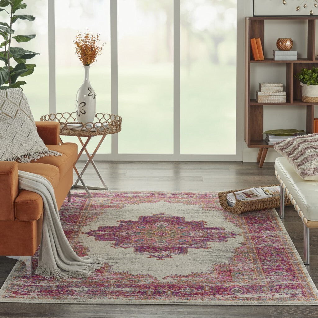 4' X 6' Ivory And Fuchsia Distressed Area Rug