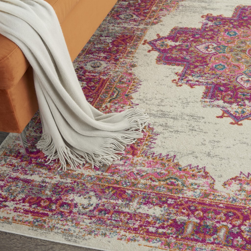 4' X 6' Ivory And Fuchsia Distressed Area Rug