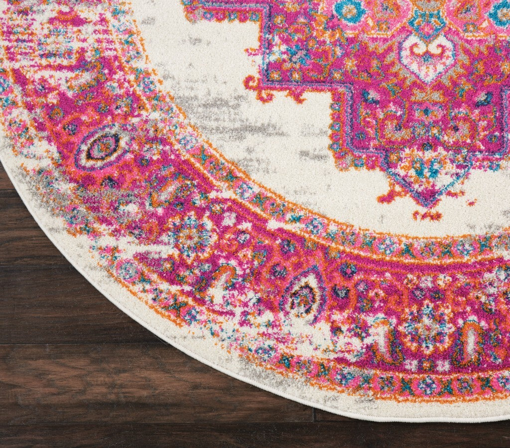 4' Round Ivory And Fuchsia Distressed Area Rug