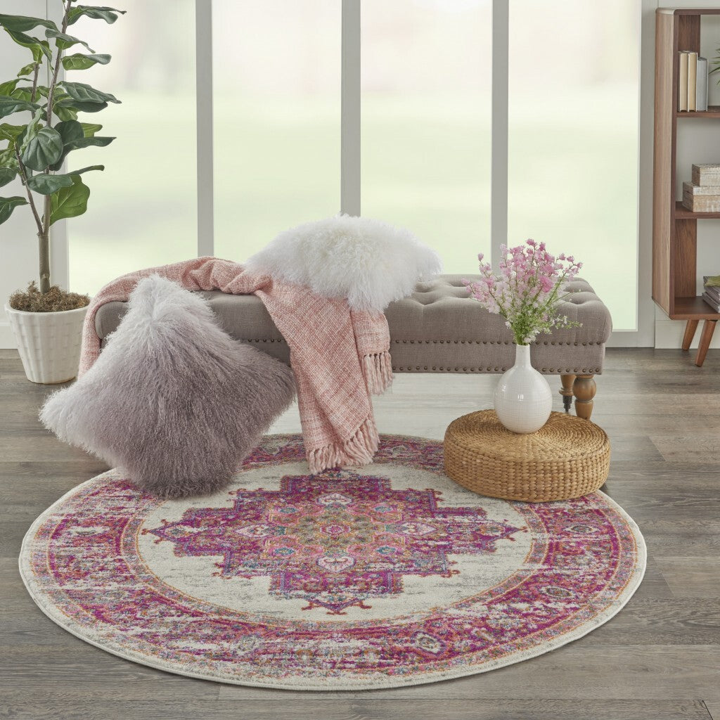 4' Round Ivory And Fuchsia Distressed Area Rug