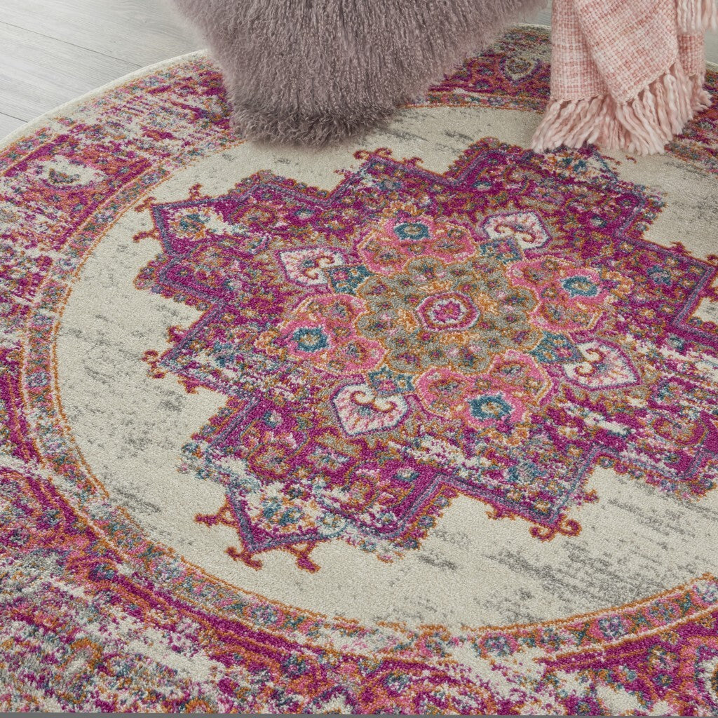 4' Round Ivory And Fuchsia Distressed Area Rug
