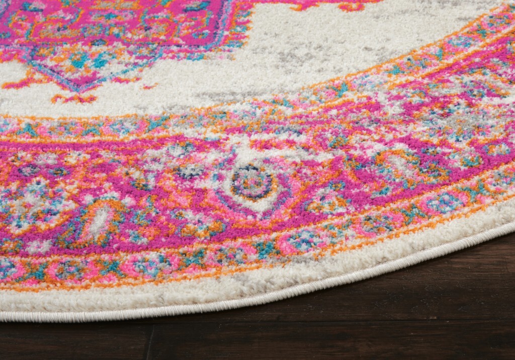 4' Round Ivory And Fuchsia Distressed Area Rug