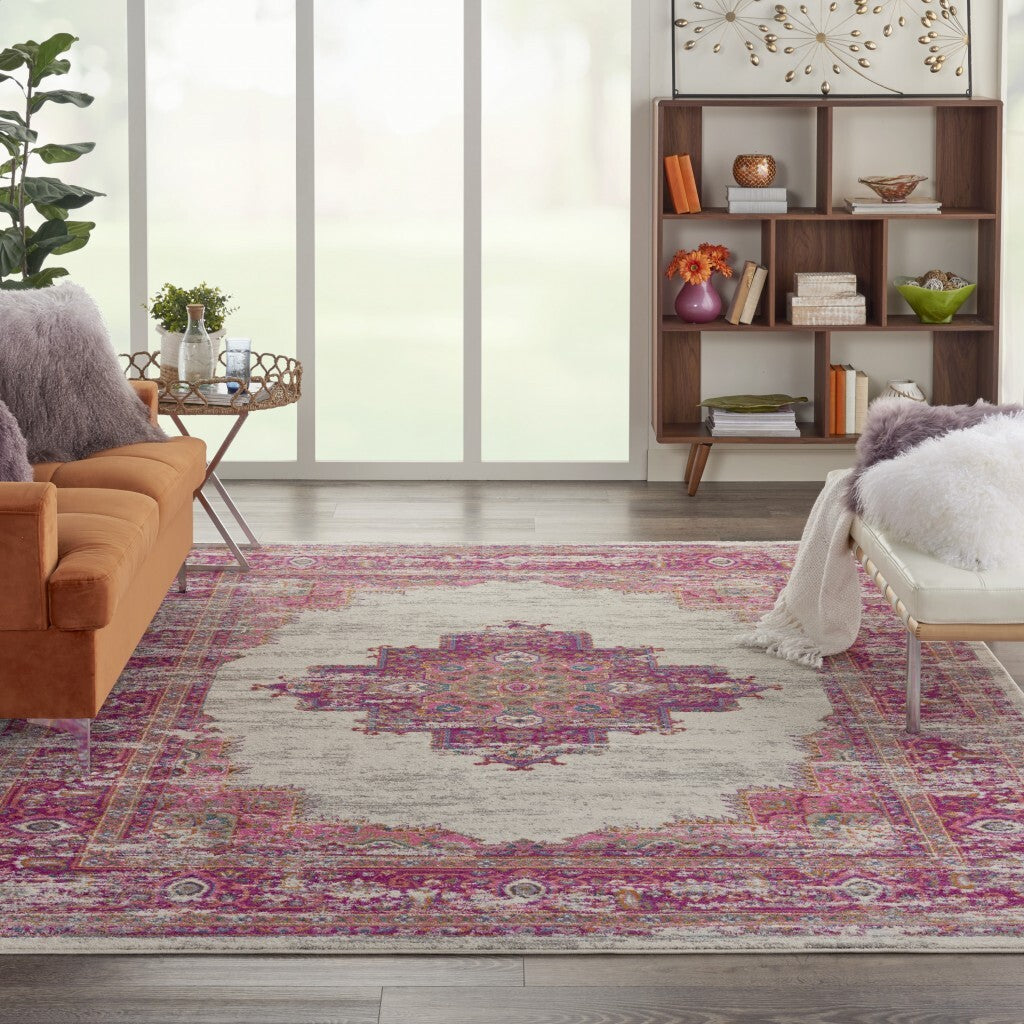 7' X 10' Ivory And Fuchsia Distressed Area Rug