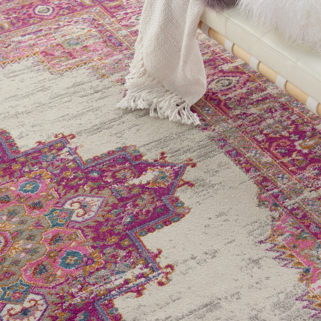 7' X 10' Ivory And Fuchsia Distressed Area Rug