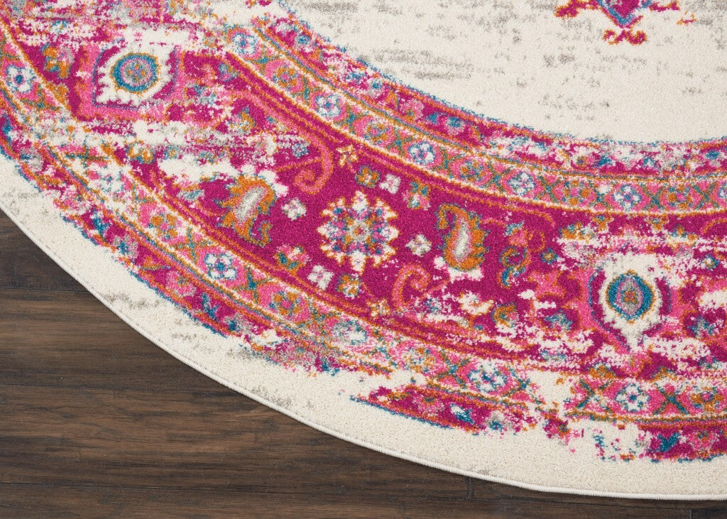 8' Round Ivory And Fuchsia Distressed Area Rug