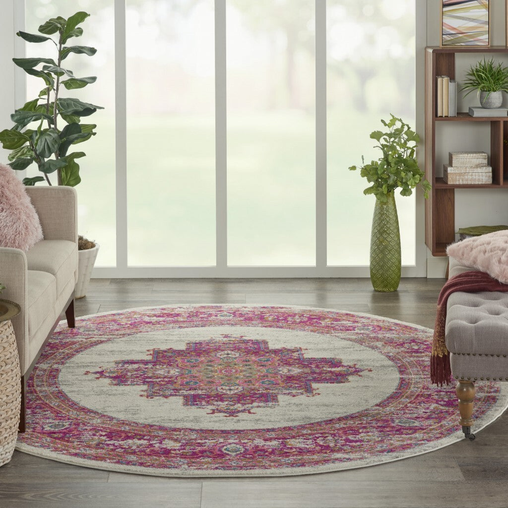 8' Round Ivory And Fuchsia Distressed Area Rug
