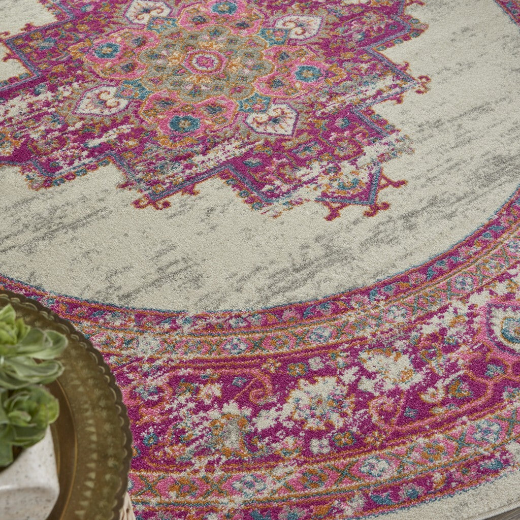 8' Round Ivory And Fuchsia Distressed Area Rug