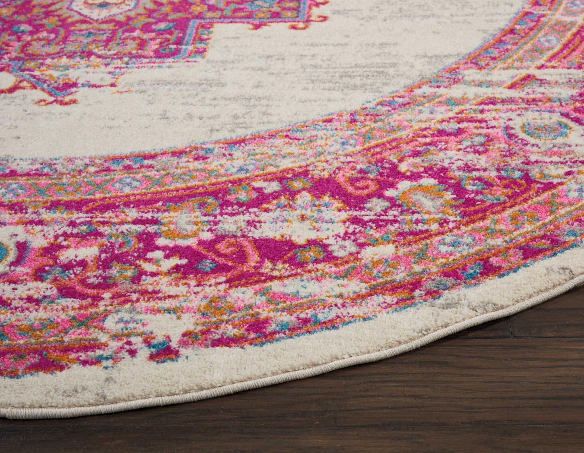 8' Round Ivory And Fuchsia Distressed Area Rug