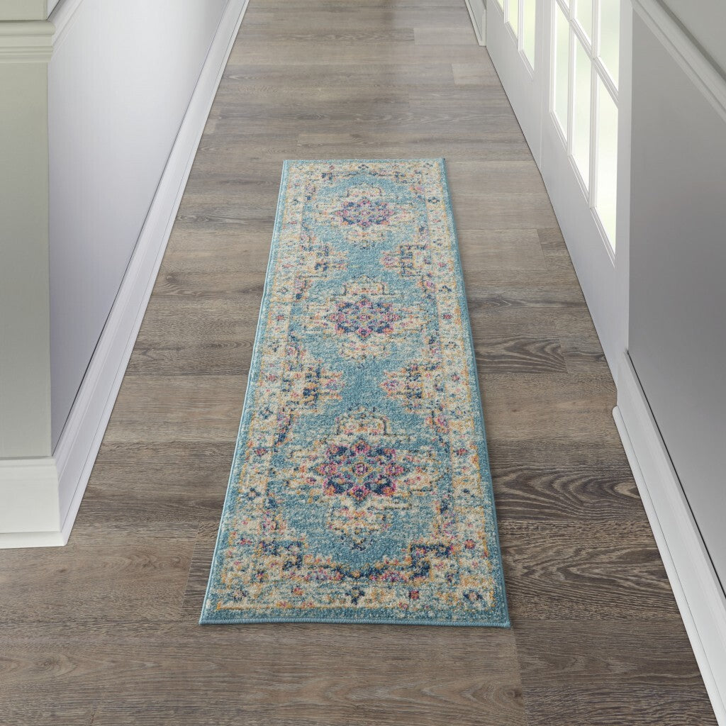 2'X6' Light Blue Distressed Medallion Runner Rug