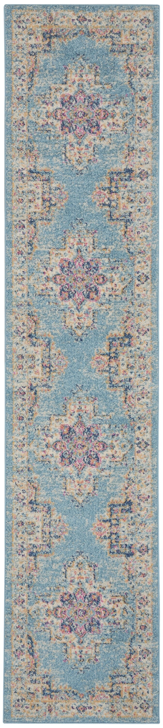2' X 10' Light Blue Distressed Medallion Runner Rug