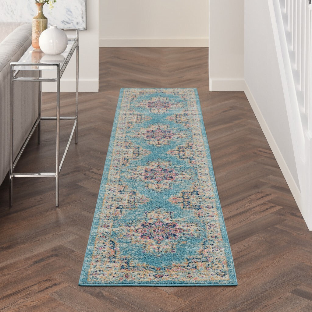 2' X 10' Light Blue Distressed Medallion Runner Rug