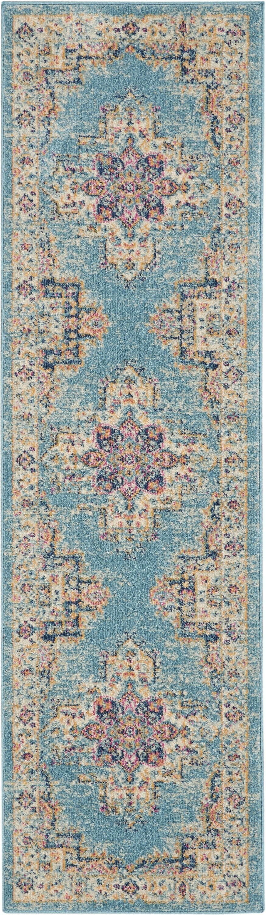 2'X8' Light Blue Distressed Medallion Runner Rug