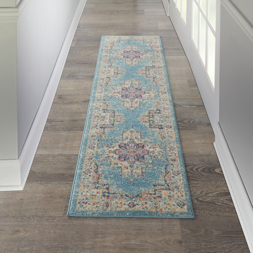 2'X8' Light Blue Distressed Medallion Runner Rug