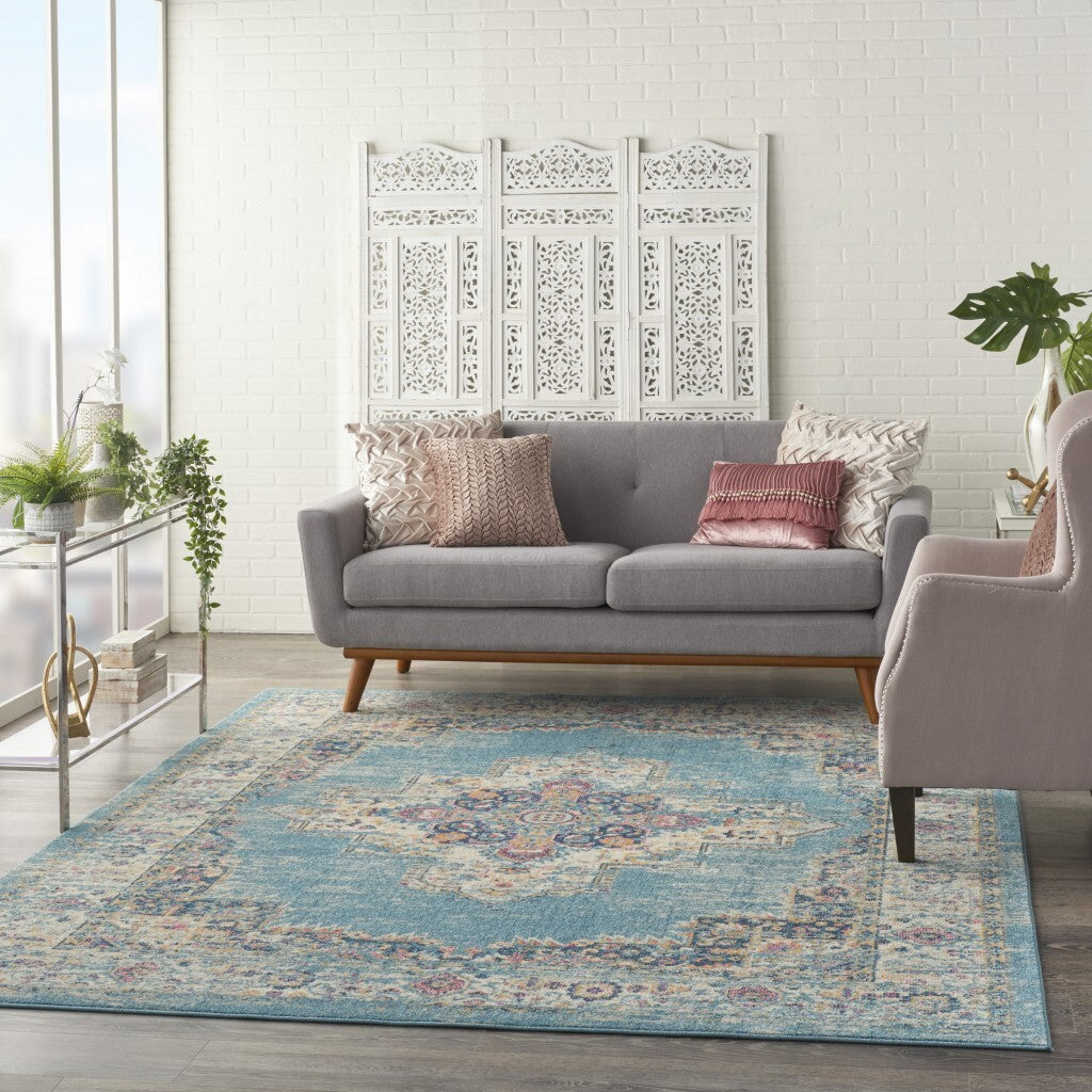 7'X10' Light Blue Distressed Medallion Area Rug