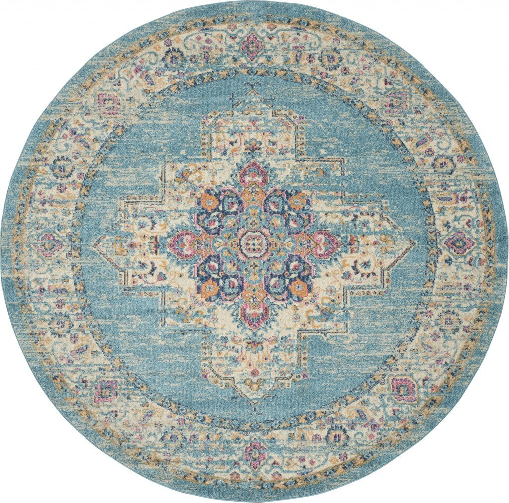 8' Round Light Blue Distressed Medallion Area Rug
