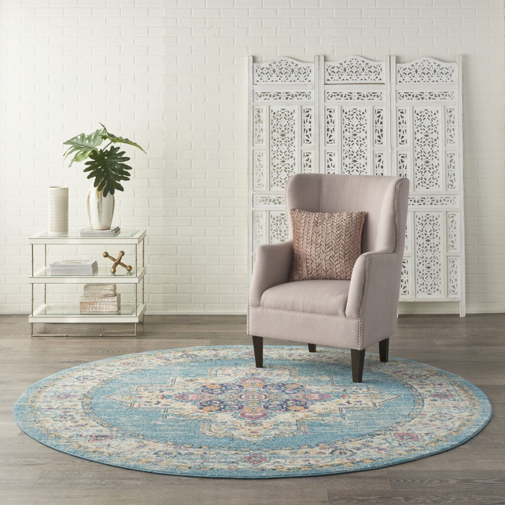 8' Round Light Blue Distressed Medallion Area Rug