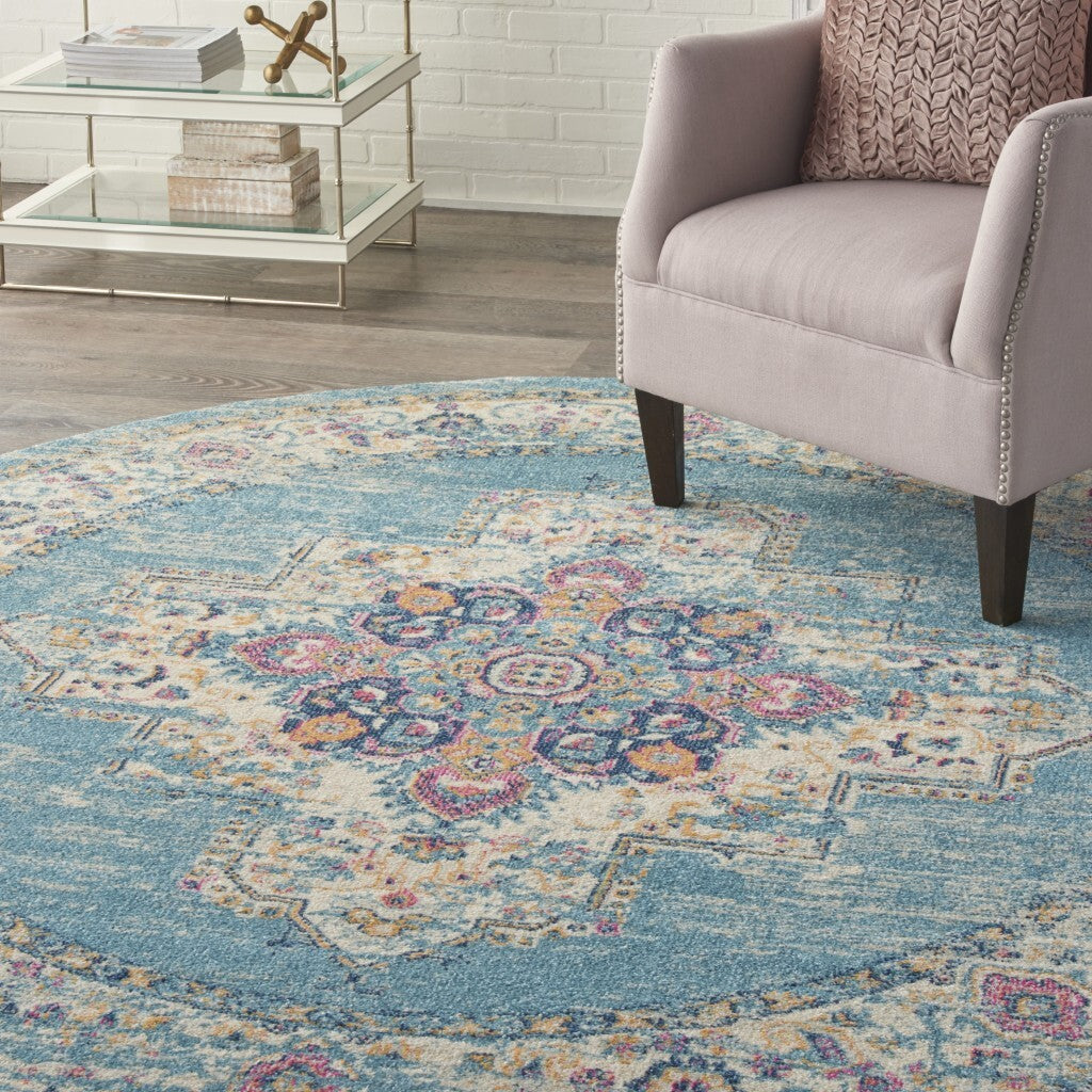 8' Round Light Blue Distressed Medallion Area Rug