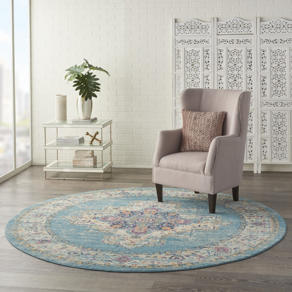 8' Round Light Blue Distressed Medallion Area Rug