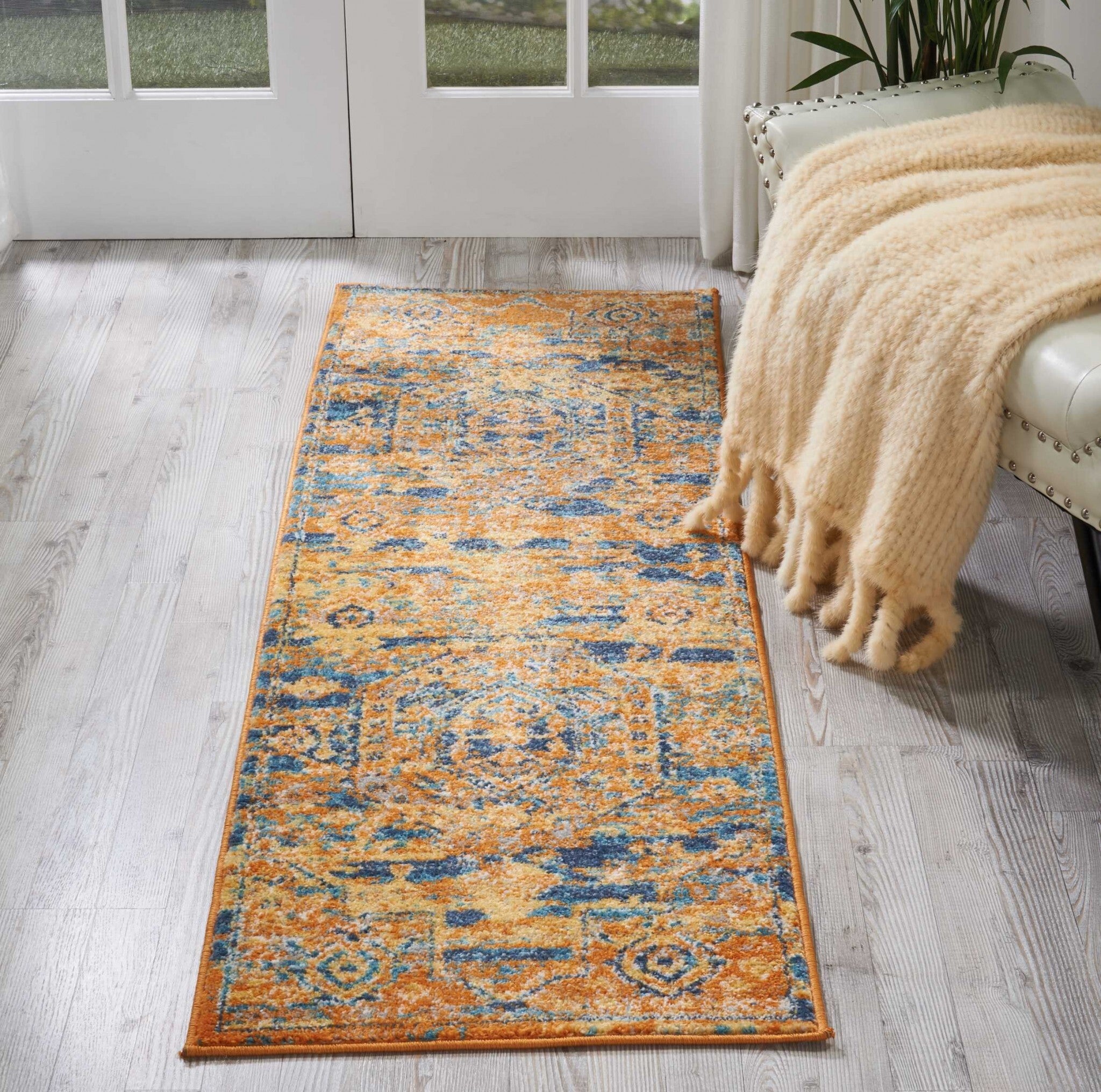 2' X 6' Gold And Blue Antique Runner Rug