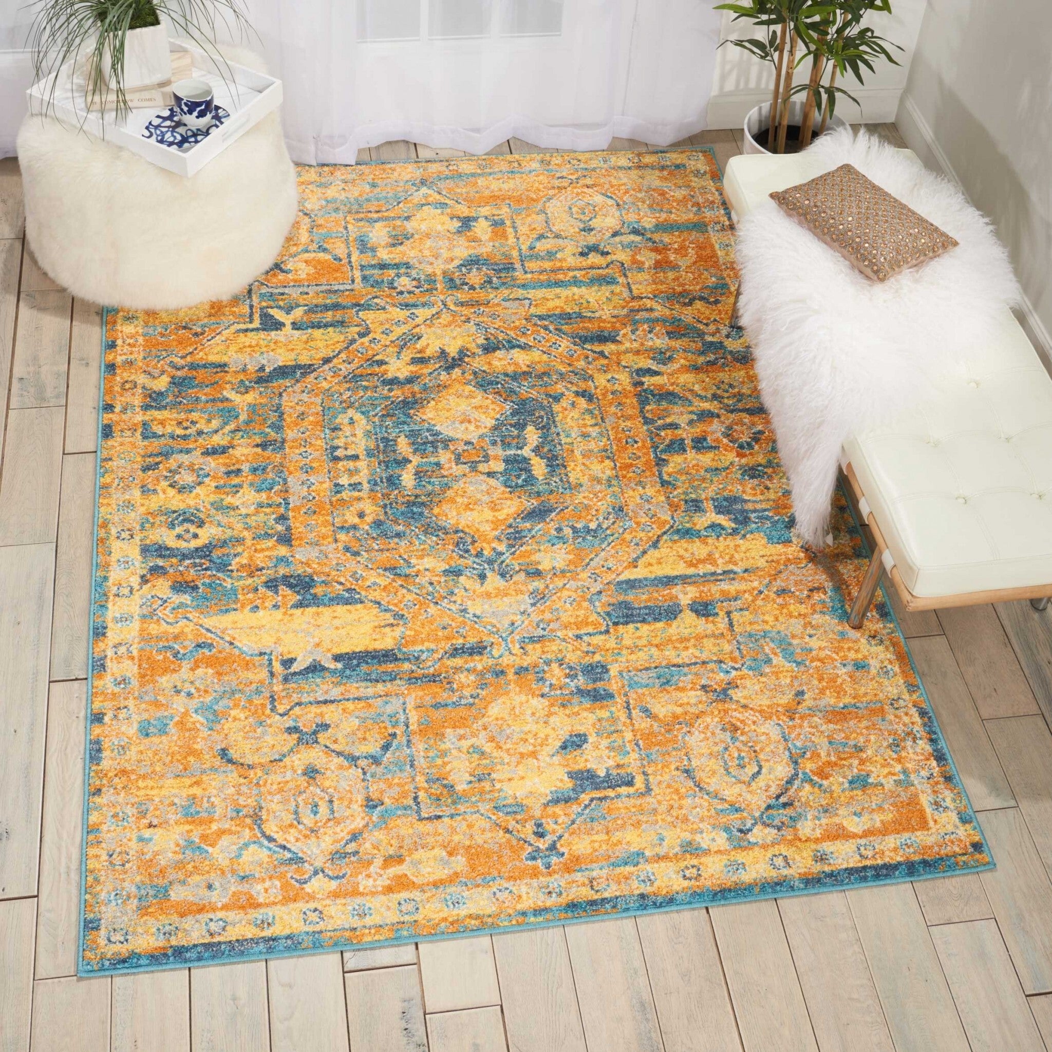 5' X 7' Gold And Blue Antique Area Rug