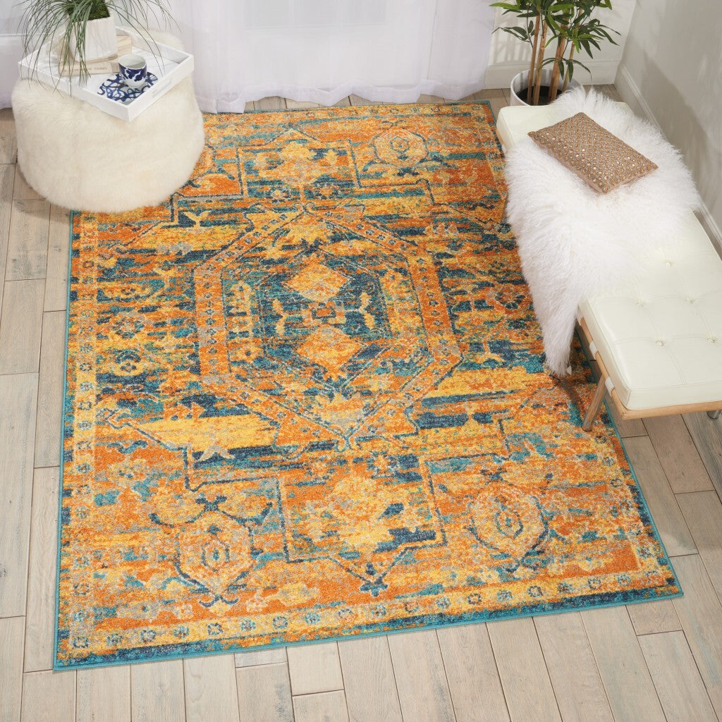 5' X 7' Gold And Blue Antique Area Rug