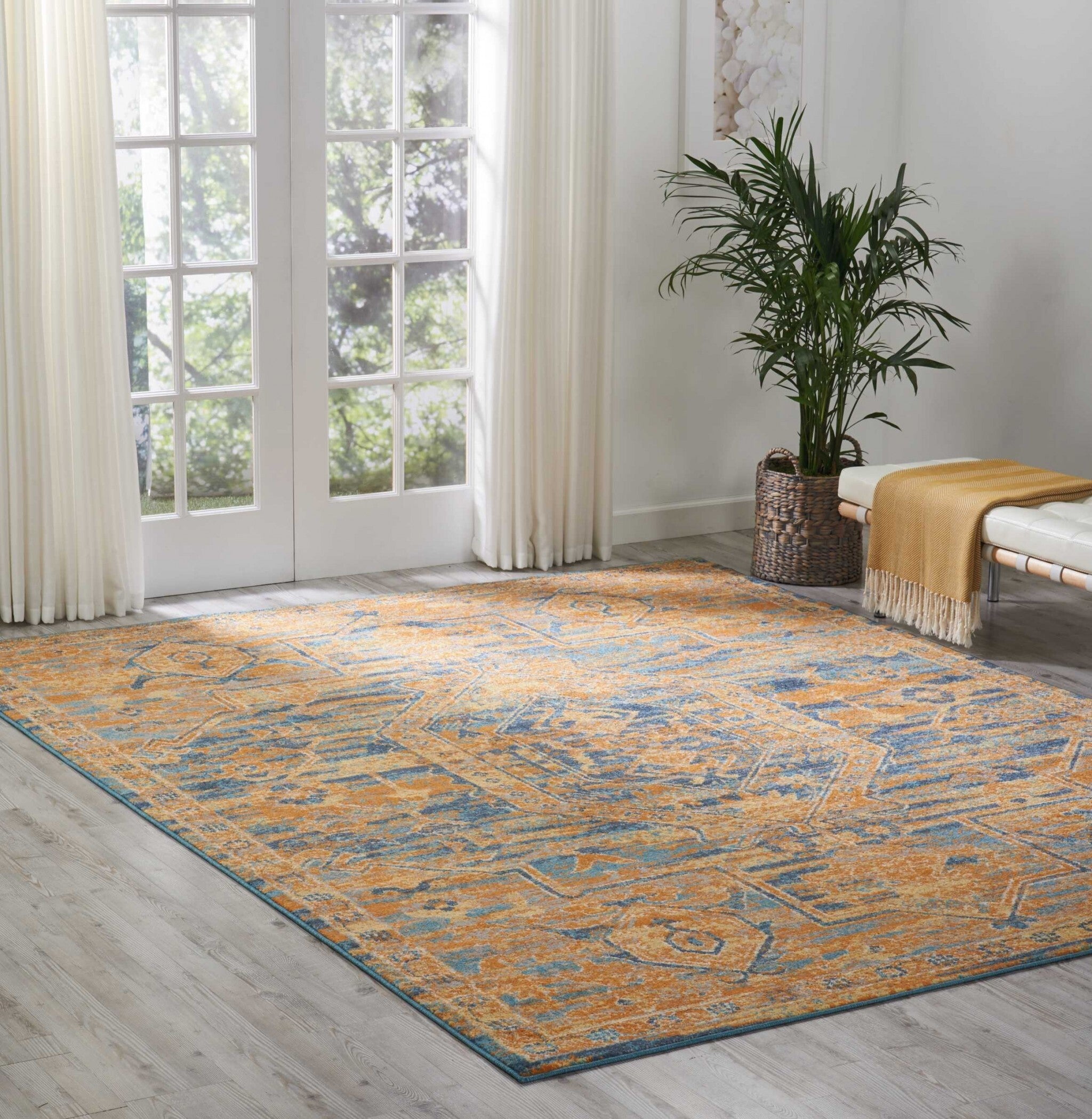 8' X 10' Gold And Blue Antique Area Rug