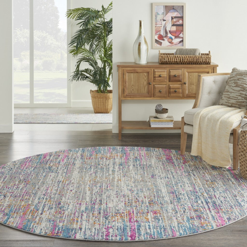 8' Round Ivory Abstract Striations Area Rug
