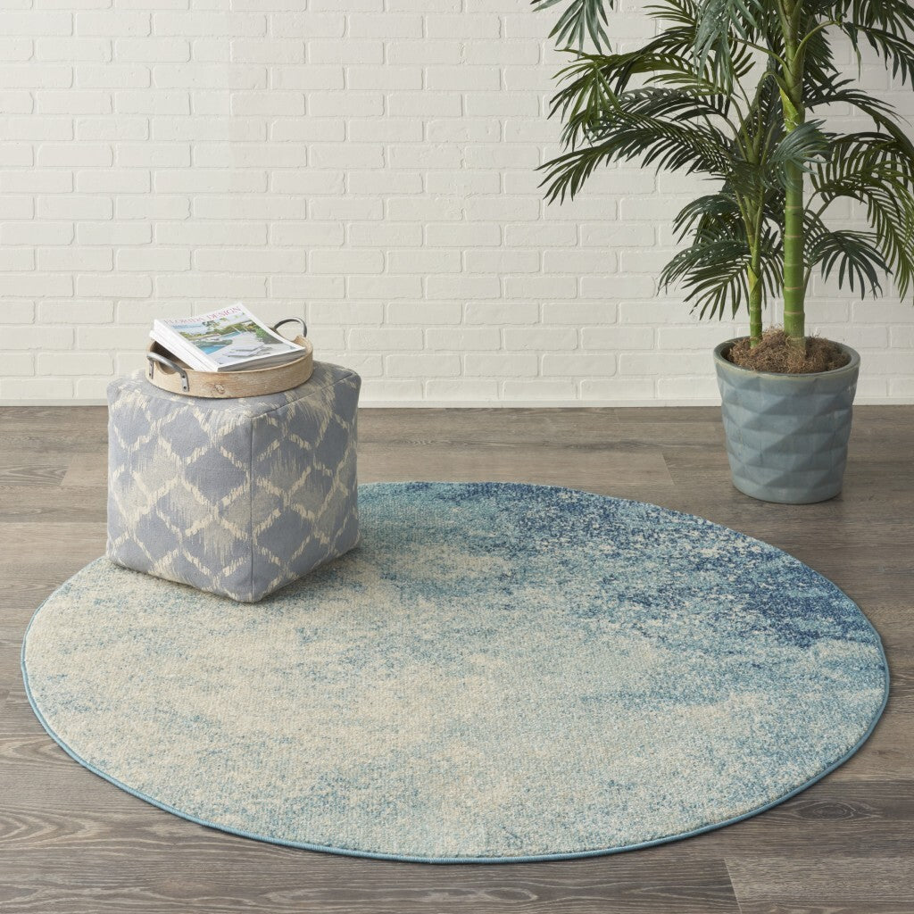 4' Round Light Blue And Ivory Abstract Sky Area Rug