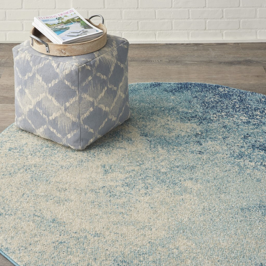 4' Round Light Blue And Ivory Abstract Sky Area Rug