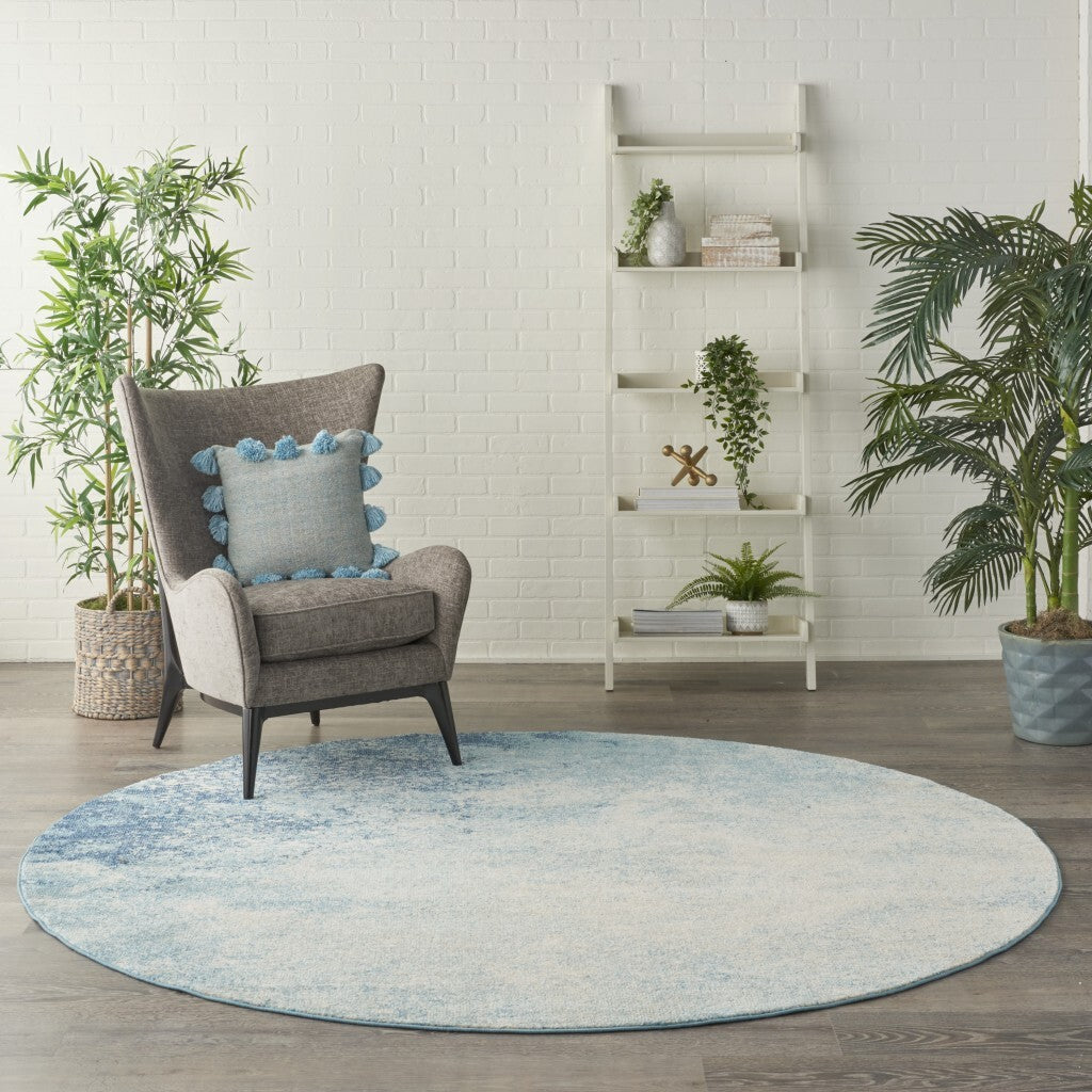 8' Round Light Blue And Ivory Abstract Sky Area Rug