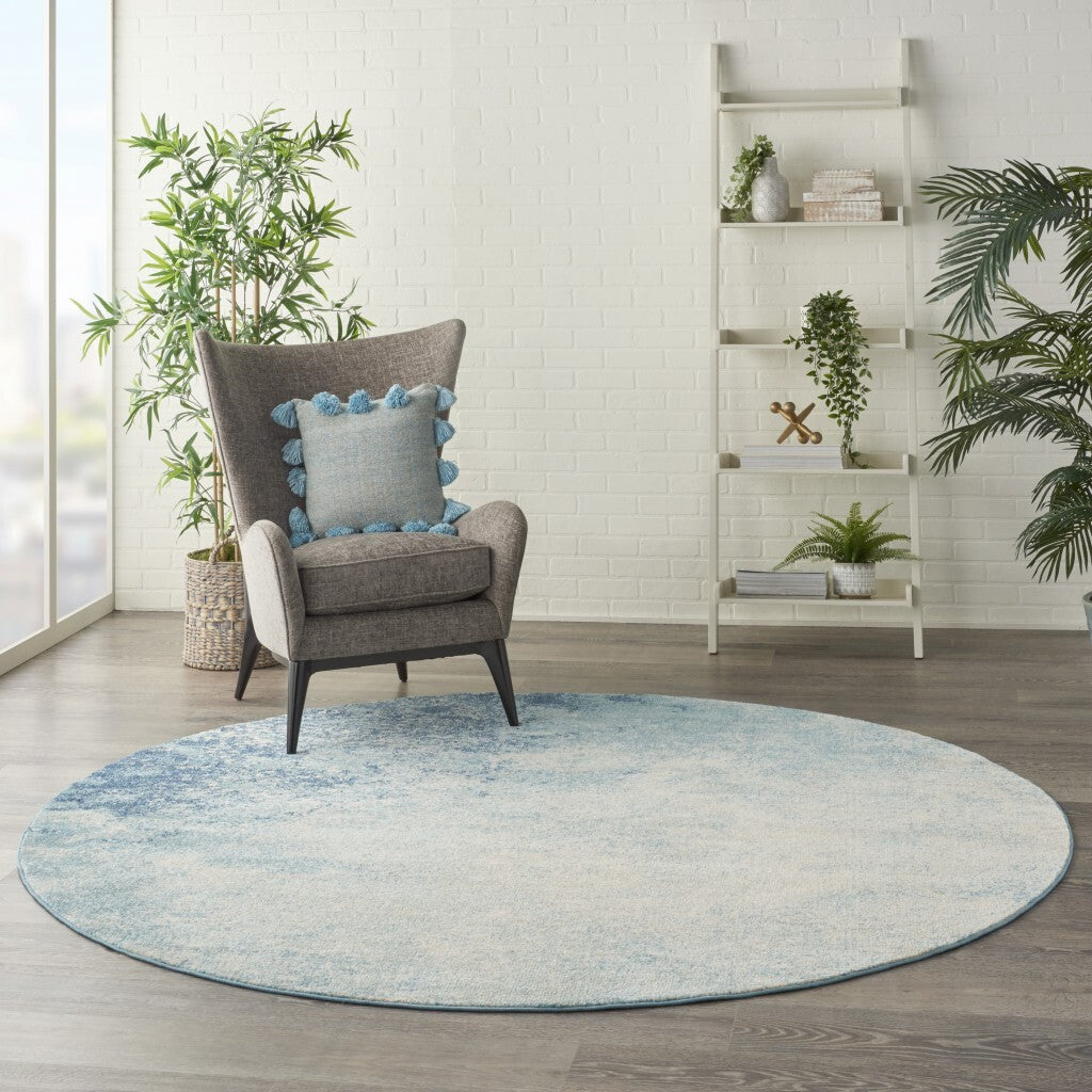 8' Round Light Blue And Ivory Abstract Sky Area Rug