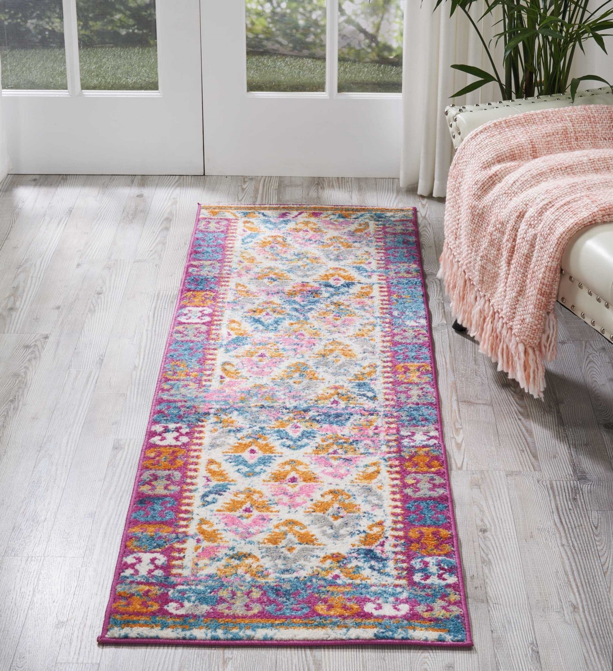 2' X 6' Ivory And Magenta Tribal Pattern Runner Rug