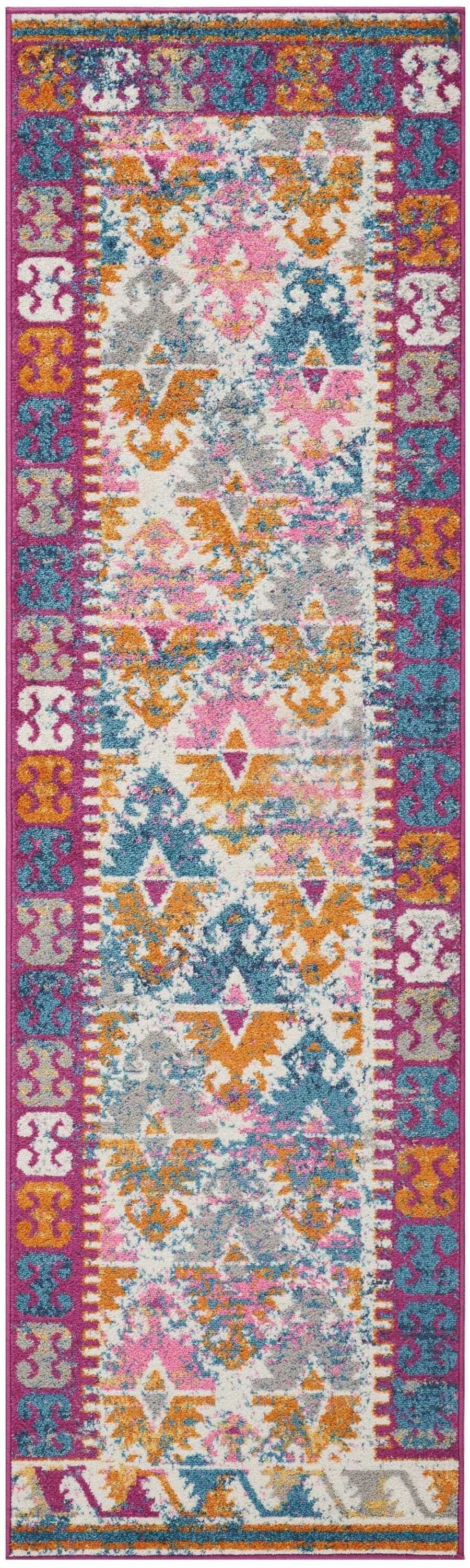 2' X 8' Ivory And Magenta Tribal Pattern Runner Rug