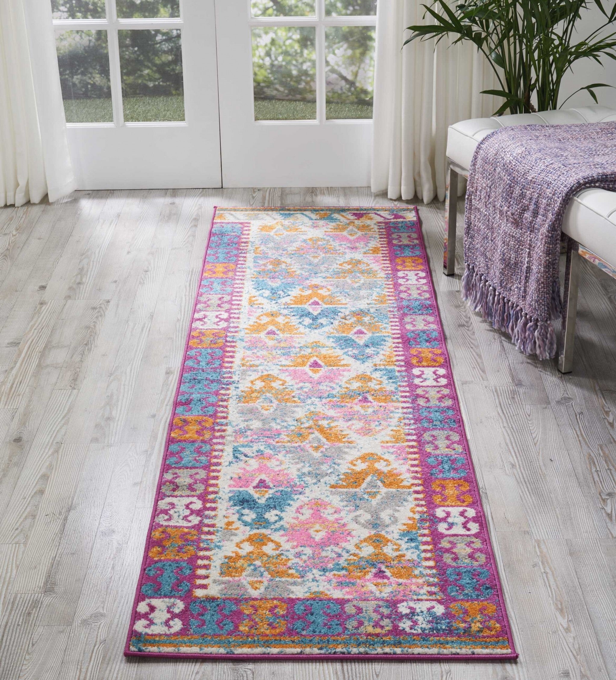 2' X 8' Ivory And Magenta Tribal Pattern Runner Rug