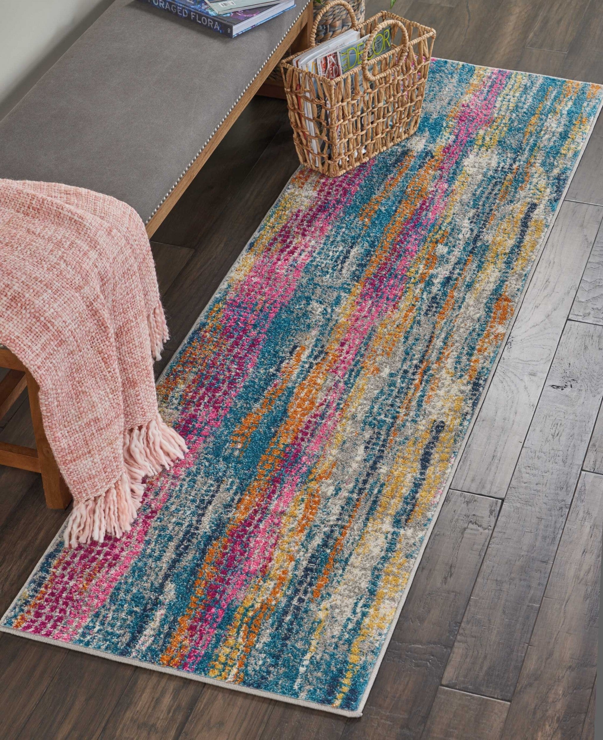 2' X 8' Gray Colorful Abstract Stripes Runner Rug
