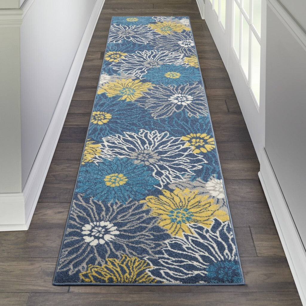 2' X 10' Blue Tropical Flower Runner Rug