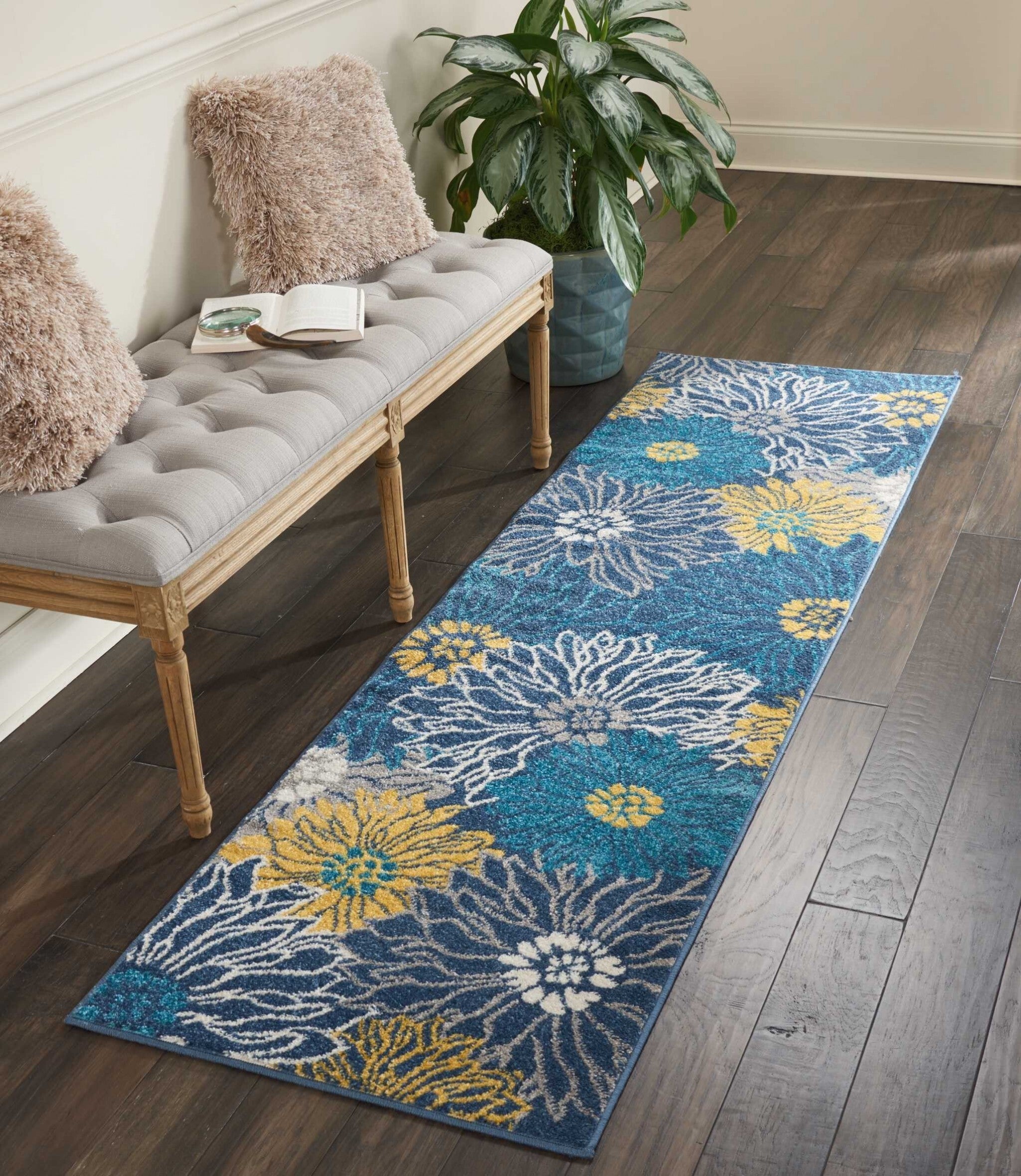 2' X 8' Blue Tropical Flower Runner Rug