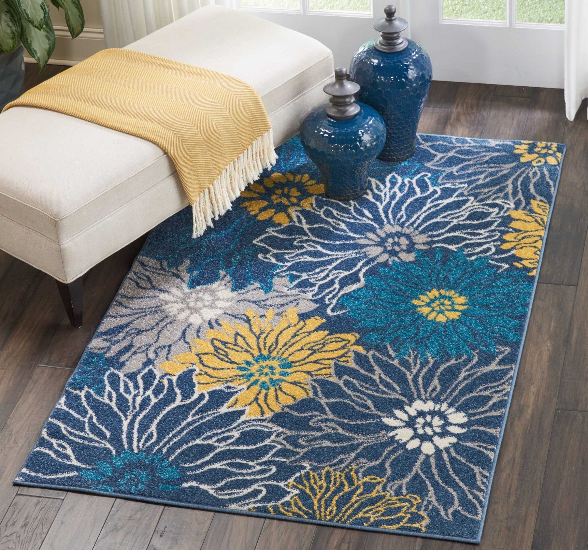 4' X 6' Blue Tropical Flower Area Rug